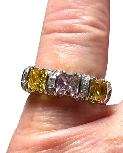 Lovely pink & yellow CZ crystal fancy sterling silver 925 rhodium plt ring