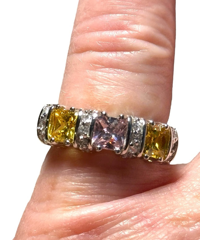 Lovely pink & yellow CZ crystal fancy sterling silver 925 rhodium plt ring
