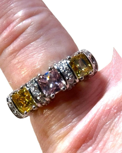 Lovely pink & yellow CZ crystal fancy sterling silver 925 rhodium plt ring