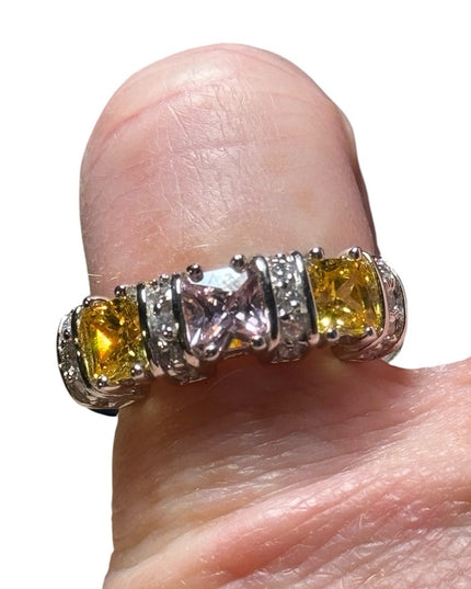 Lovely pink & yellow CZ crystal fancy sterling silver 925 rhodium plt ring