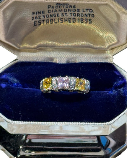 Lovely pink & yellow CZ crystal fancy sterling silver 925 rhodium plt ring