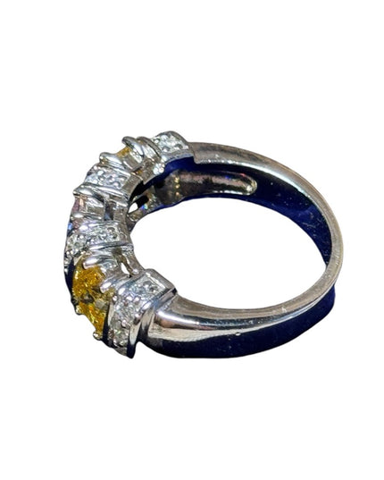 Lovely pink & yellow CZ crystal fancy sterling silver 925 rhodium plt ring