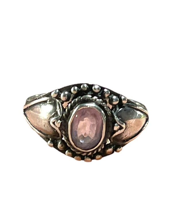 Vintage Sterling silver 925 Antiqued Balinese amethyst stone ornate design ring