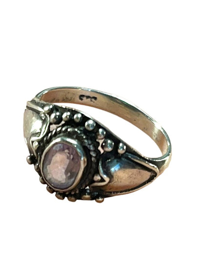 Vintage Sterling silver 925 Antiqued Balinese amethyst stone ornate design ring