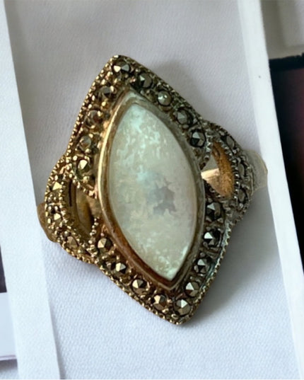 Sterling silver marcasite oxidized MOP ring