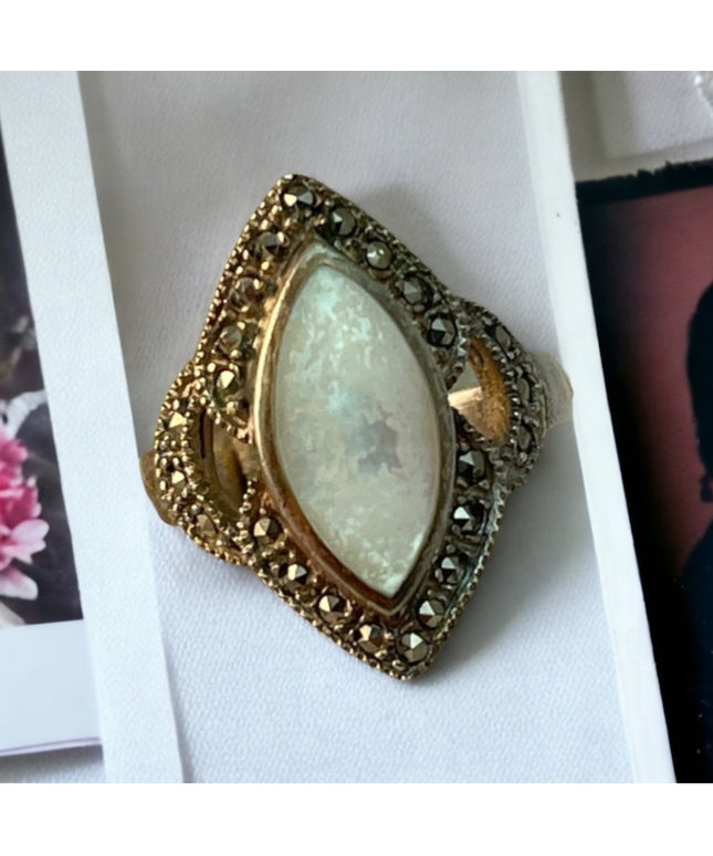 Sterling silver marcasite oxidized MOP ring