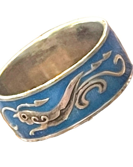 Vintage Thai Blue enameled silver cricket handmade ring Siam cigar band
