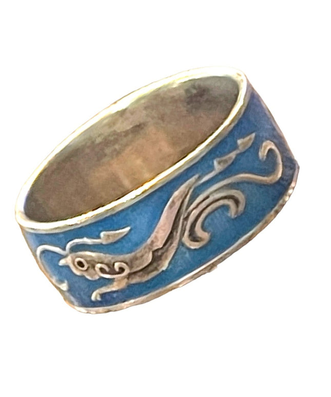 Vintage Thai Blue enameled silver cricket handmade ring Siam cigar band