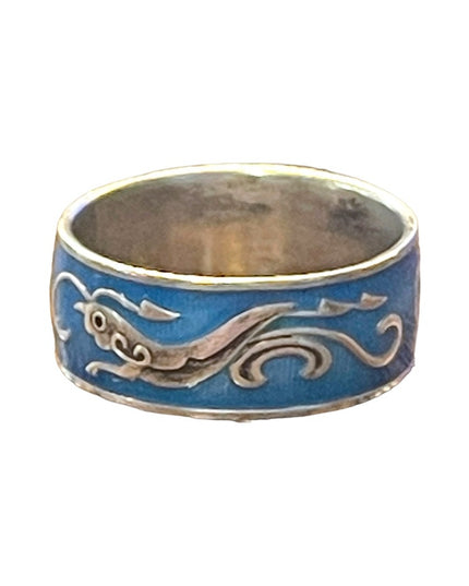 Vintage Thai Blue enameled silver cricket handmade ring Siam cigar band