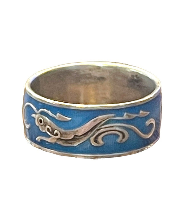 Vintage Thai Blue enameled silver cricket handmade ring Siam cigar band
