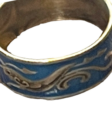 Vintage Thai Blue enameled silver cricket handmade ring Siam cigar band