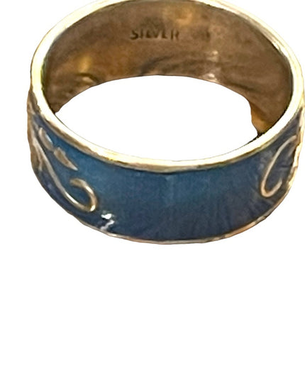 Vintage Thai Blue enameled silver cricket handmade ring Siam cigar band