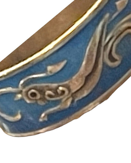 Vintage Thai Blue enameled silver cricket handmade ring Siam cigar band