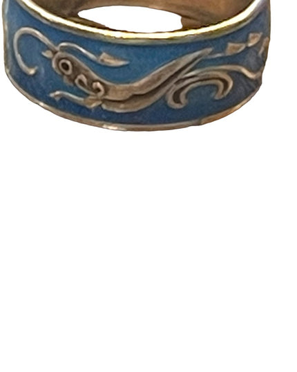 Vintage Thai Blue enameled silver cricket handmade ring Siam cigar band