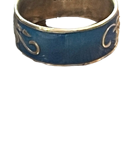 Vintage Thai Blue enameled silver cricket handmade ring Siam cigar band