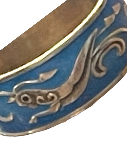 Vintage Thai Blue enameled silver cricket handmade ring Siam cigar band