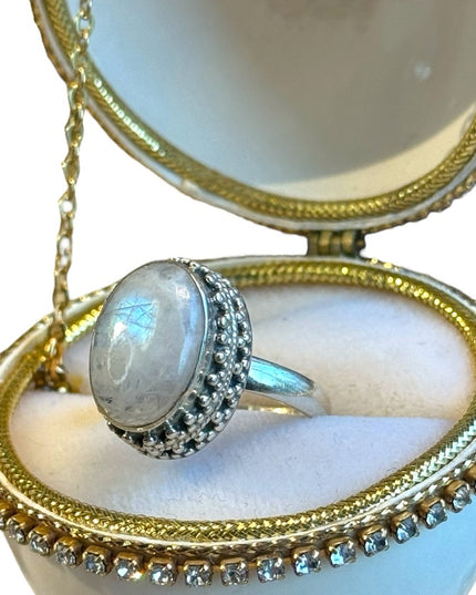 Sterling silver oval ornate Bali style MOONSTONE ring