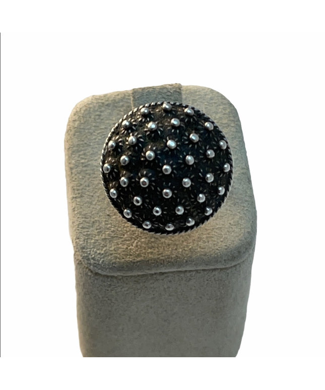 Sterling silver antiqued round flower fancy ring