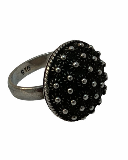Sterling silver antiqued round flower fancy ring