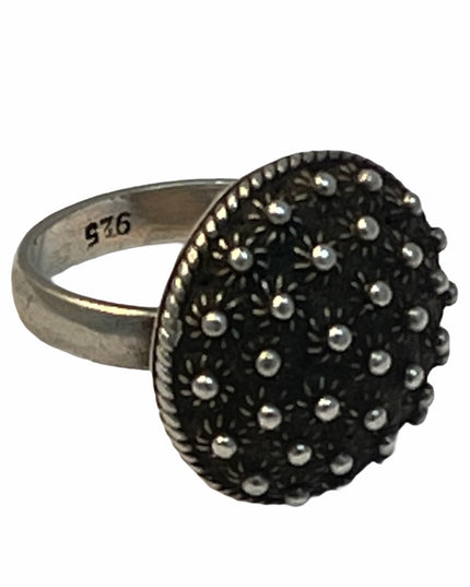 Sterling silver antiqued round flower fancy ring