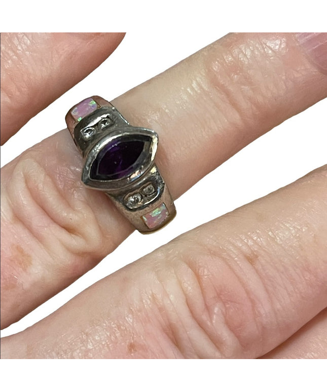 Vintage sterling silver 925 amethyst firey Australian opal ring