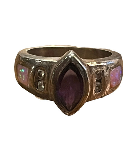 Vintage sterling silver 925 amethyst firey Australian opal ring