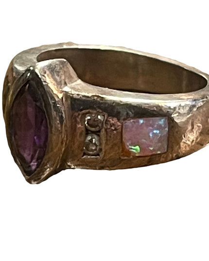 Vintage sterling silver 925 amethyst firey Australian opal ring