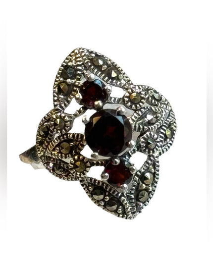 Sterling silver 925 Rhodium plated garnet fancy marcasite ring
