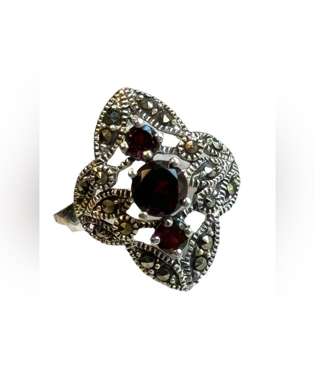 Sterling silver 925 Rhodium plated garnet fancy marcasite ring