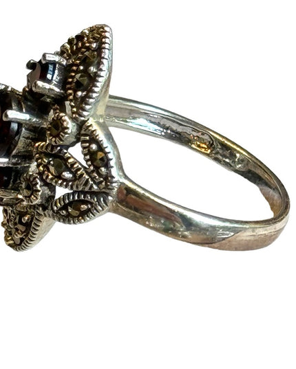Sterling silver 925 Rhodium plated garnet fancy marcasite ring