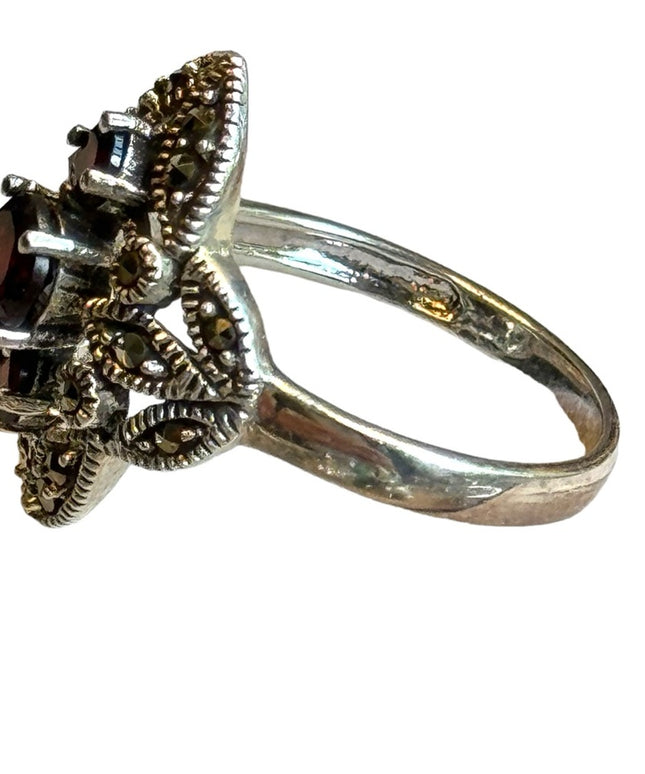 Sterling silver 925 Rhodium plated garnet fancy marcasite ring