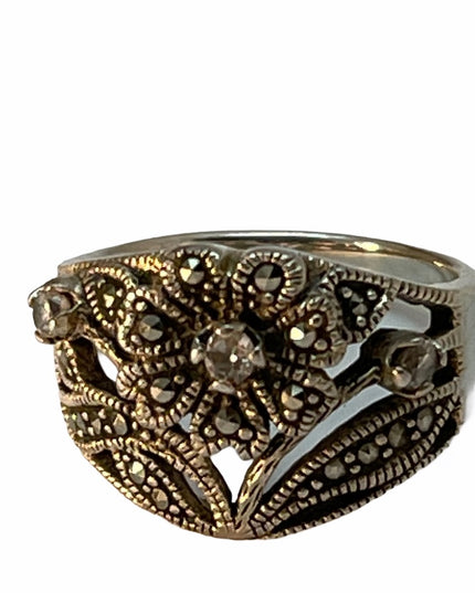 Sterling silver marcasite flower crystal ring