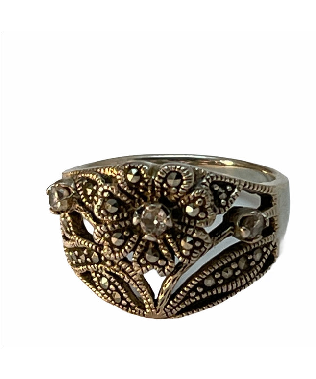Sterling silver marcasite flower crystal ring