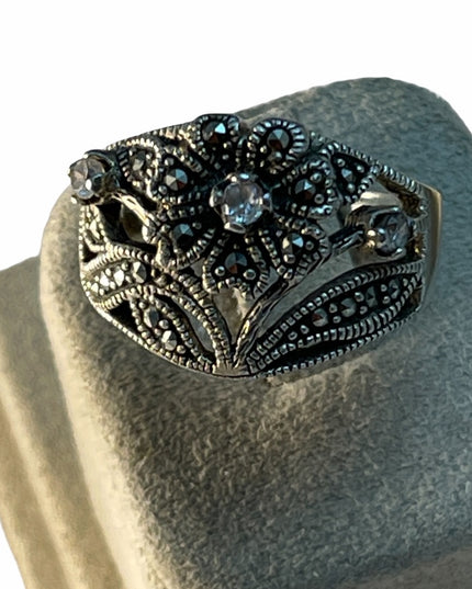 Sterling silver marcasite flower crystal ring