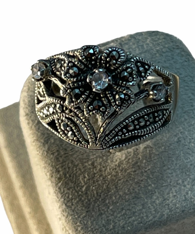 Sterling silver marcasite flower crystal ring