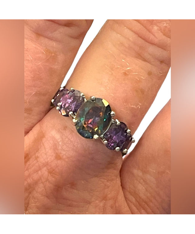 Sterling silver 925 Rhodium Plt Purple amethyst crystal fancy ring