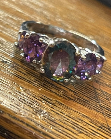Sterling silver 925 Rhodium Plt Purple amethyst crystal fancy ring
