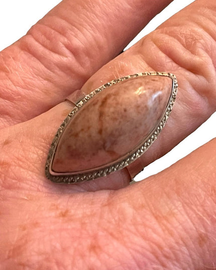 Silver vintage pink stone oblong elongated  ring
