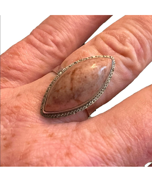 Silver vintage pink stone oblong elongated  ring