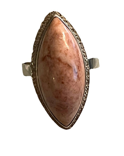Silver vintage pink stone oblong elongated  ring