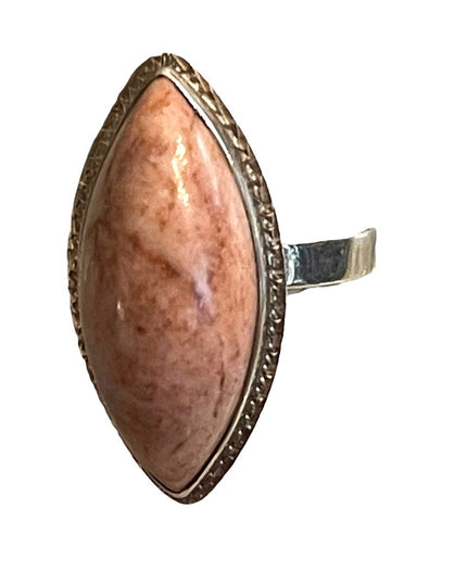 Silver vintage pink stone oblong elongated  ring