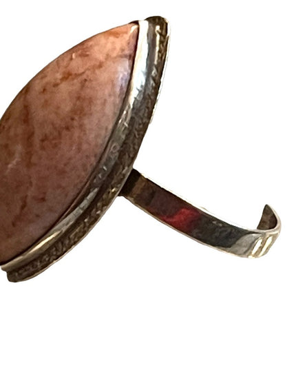 Silver vintage pink stone oblong elongated  ring