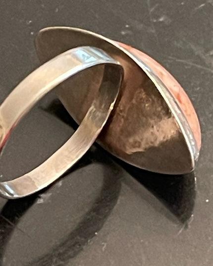 Silver vintage pink stone oblong elongated  ring