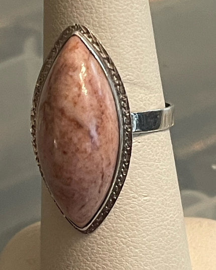 Silver vintage pink stone oblong elongated  ring
