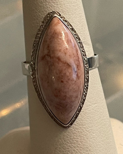 Silver vintage pink stone oblong elongated  ring