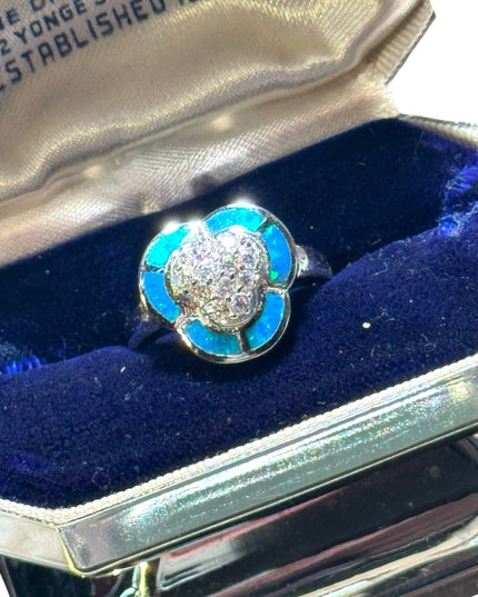 Lovely CZ crystal and opal mosaic fancy design 925 sterling silver ring