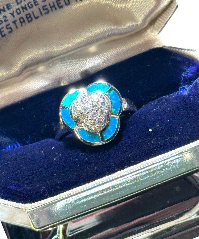 Lovely CZ crystal and opal mosaic fancy design 925 sterling silver ring