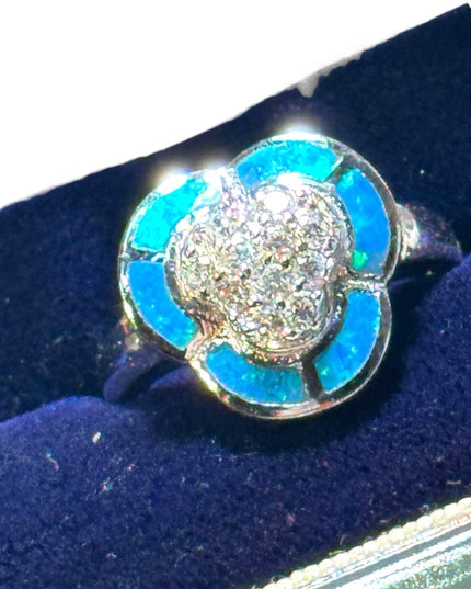 Lovely CZ crystal and opal mosaic fancy design 925 sterling silver ring