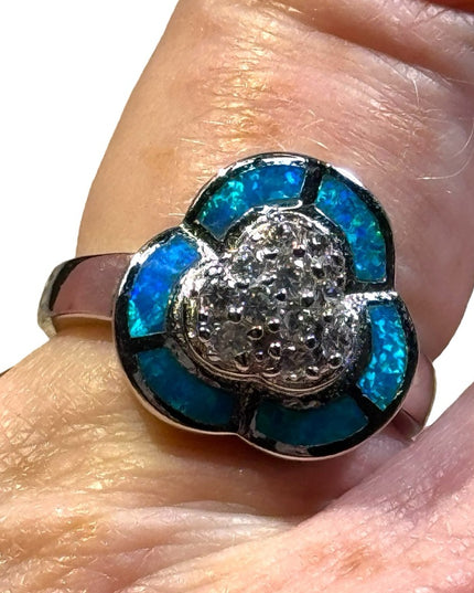 Lovely CZ crystal and opal mosaic fancy design 925 sterling silver ring