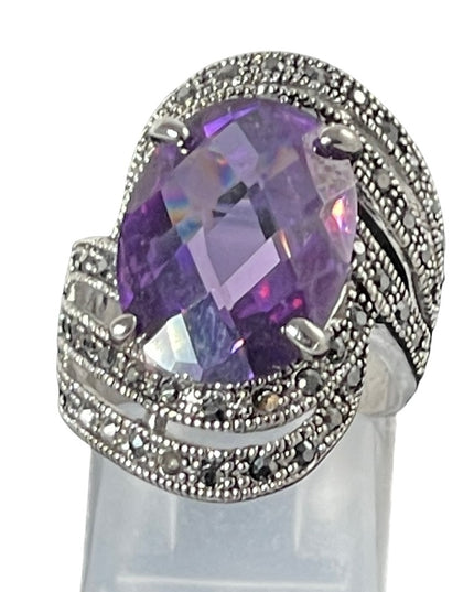 Purple crystal Marcasite rhodium plated ring silver